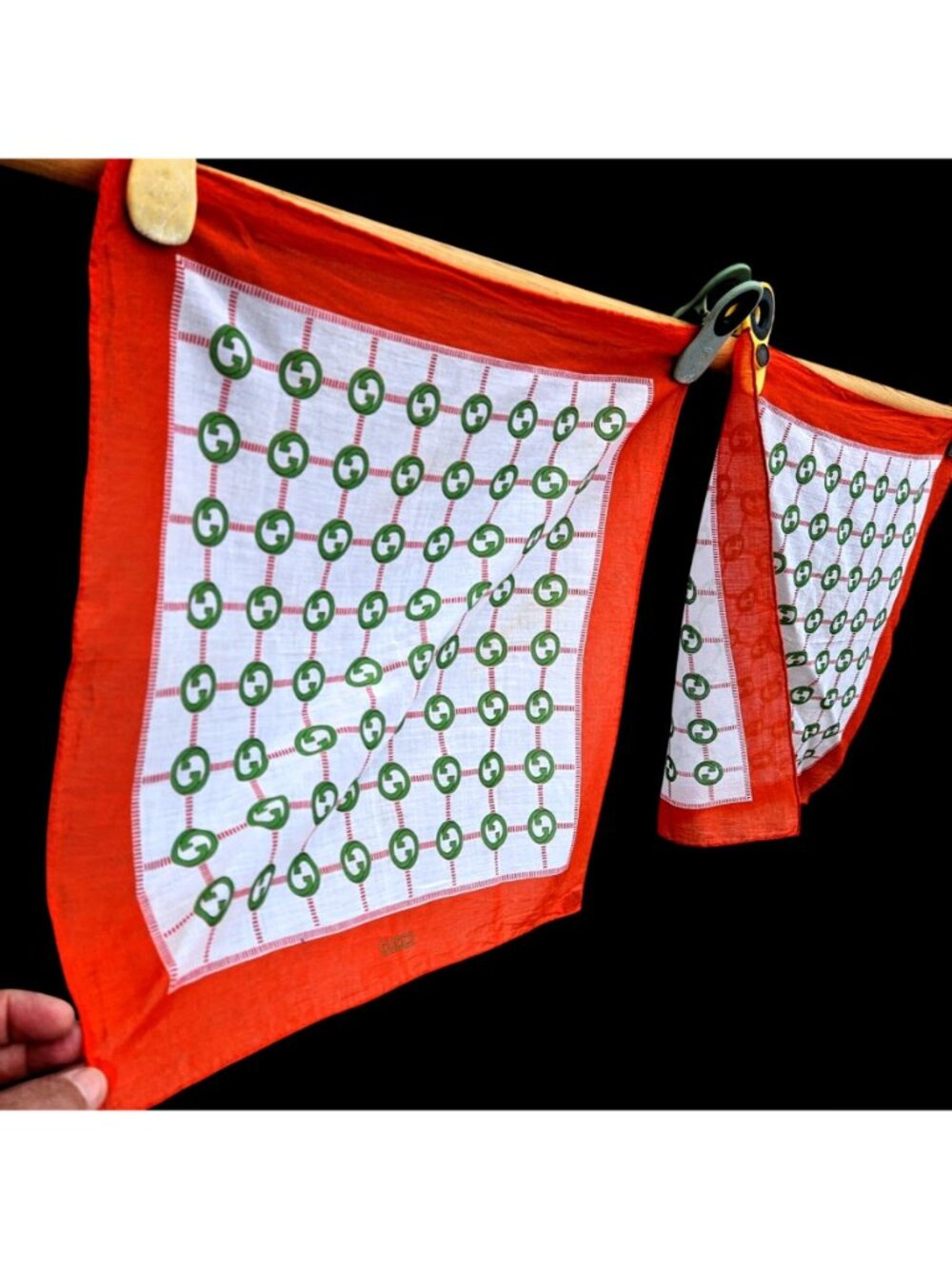 Vintage Gucci GG Logo Cotton Scarf Handkerchief Set 2 Orange Green White Italy - Picture 11 of 11